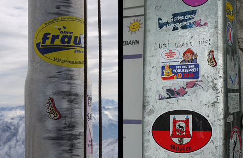 left: "Ohne Frau", right: on Stickerkonglomerat